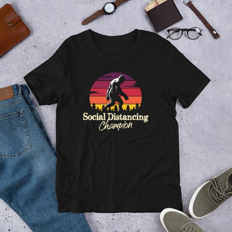 Social Distancing Champion – Funny Vintage Bigfoot Sasquatch Short-Sleeve Unisex T-Shirt