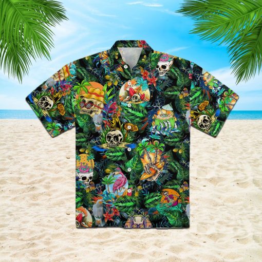 Summer Skeleton Skull Beach Party 3d All Over Print Button Design For Halloween Hawaii Shirt