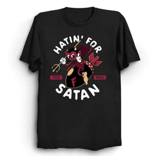 Vintage Cartoon Rubber Hose Style Red Devil Dropping F Bomb Cartoon Hatin’ For Satan Cheeky Unisex T-Shirt