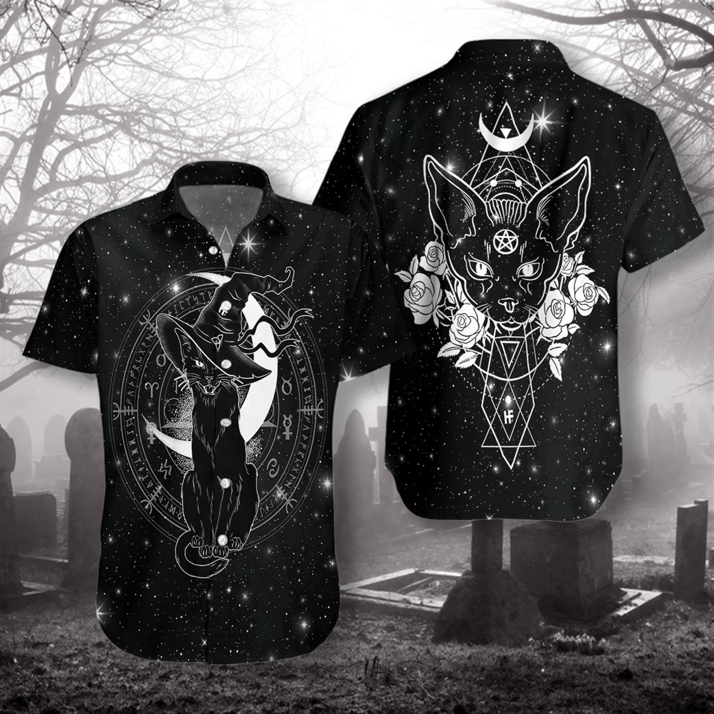 Wicca Black Cat 3d All Over Print Button Design For Halloween Hawaii Shirt