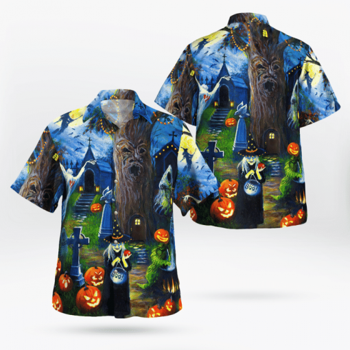 Witch's Tree House Boo Pumpkin 3d All Over Print Button Design For Halloween Hawaii Shirt