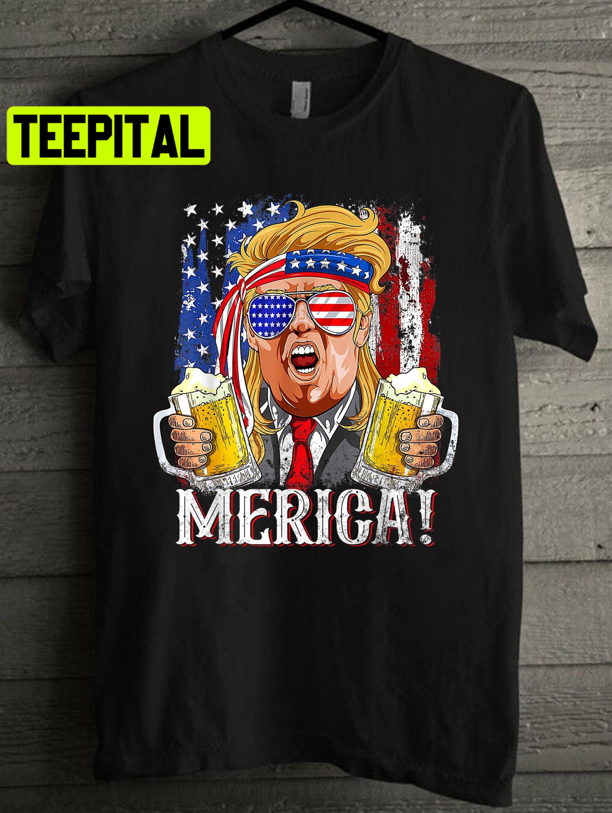 American Flag Merica Trump With Beer 2024 Unisex TShirt Teepital