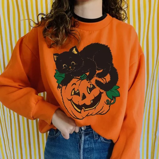 Black Cat On Pumpkin For Halloween New Art T-Shirt