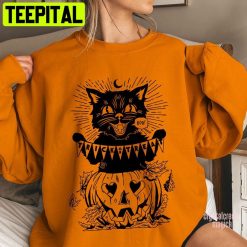 Black Cat Say Boo Trick Or Treat Halloween And Pumpkin Unisex Sweatshirt