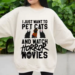 Cat Parody Horror Movie Black Cat I Just Want To Pet Cats And Watch Horror Movie Halloween Unisex T-Shirt