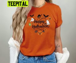 Cute Pumpkin Ghost Bat Icon Happy Halloween Unisex T-Shirt