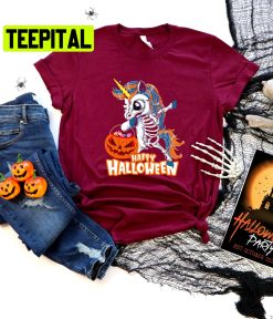 Cute Unicorn Skelton And Candy Happy Halloween Unisex T-Shirt