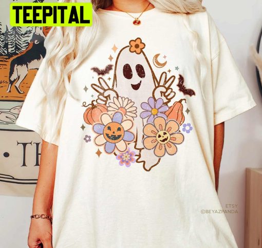 Floral Ghost Funny Halloween Sublimation Groovy Flowers Trending Unisex T-Shirt