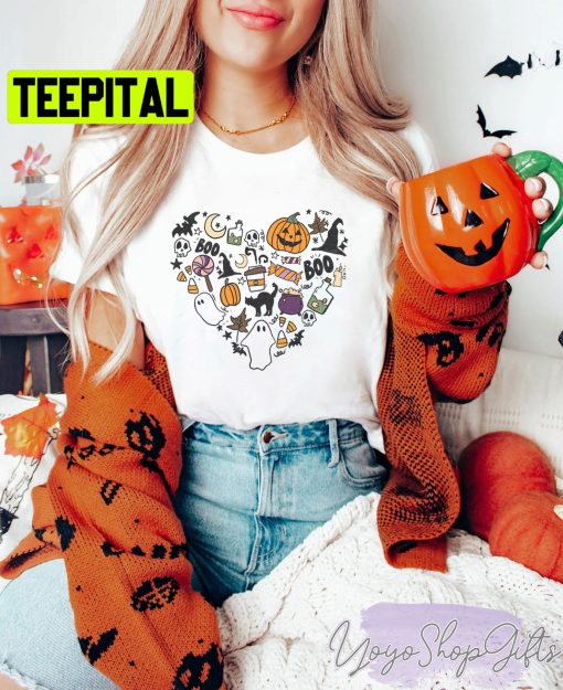 Halloween Heart Collage Pumpkin Ghost Boo Black Cat Skull Spooky Unisex T-Shirt