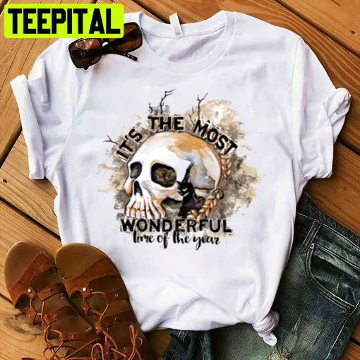 It’s The Most Wonderful Time Of The Year Halloween Skull Black Cat Pumpkin Spooky Season Unisex T-Shirt