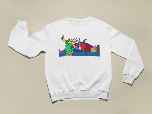 New York Vintage 80s 90s Art Themed Barking Dog Statue Of Liberty With Big Apple Sunset Behind City Skyline Unisex Sweatshirt