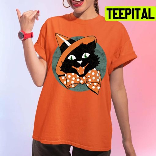 Orange Hat Black Cat Halloween Spooky Night Unisex T-Shirt