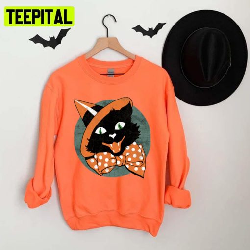 Orange Hat Black Cat Halloween Spooky Night Unisex T-Shirt