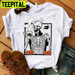 Skeleton Drinking Hot Coffee Pumpkin Halloween Unisex T-Shirt