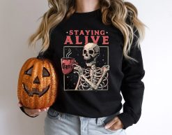 Staying Alive Coffee Skeleton Skeleton Fall Skull Sweater Disney Halloween Unisex Sweatshirt