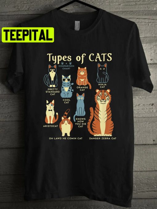 Types Of Cat Funny Comparison Cat Orange Cat Blue Cat Lovers Unisex T-Shirt