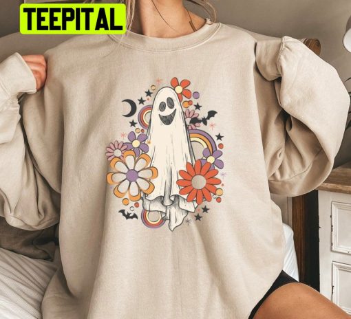 Vintage Floerw Rainbow Cute Spooky Ghost Halloween Unisex Sweatshirt