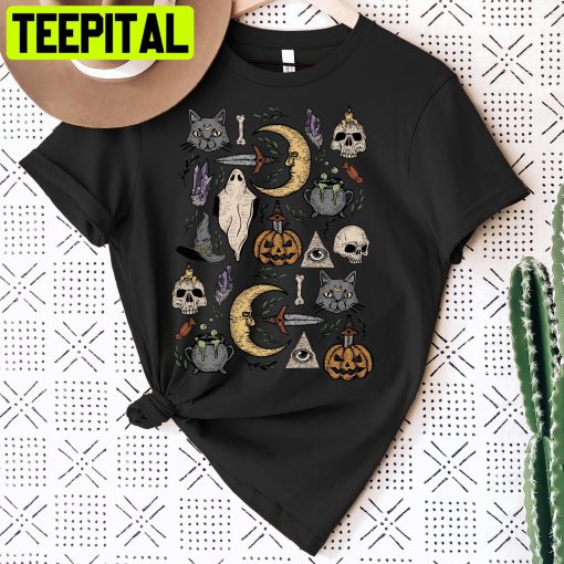 Vintage Halloween Pumpkin Bad Witch Black Cat Unisex T-Shirt