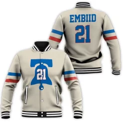 76ers Joel Embiid 2020-21 Earned Edition Cream Baseball Jacket