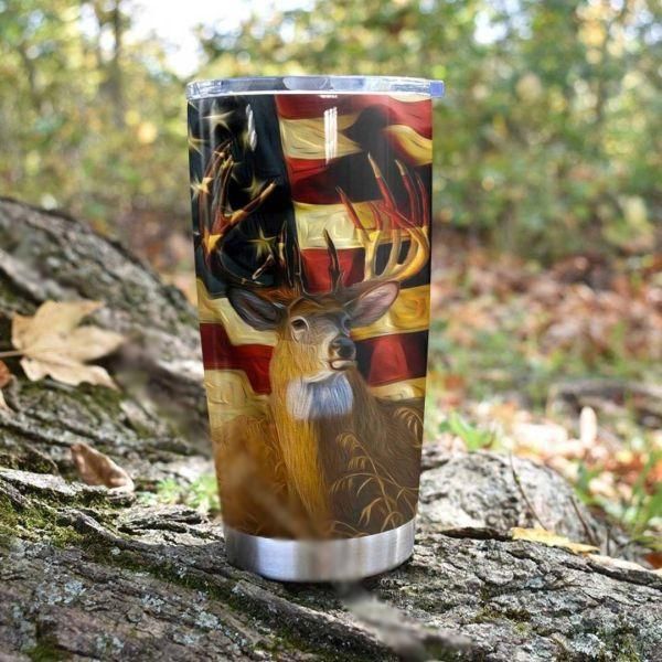 American Flag And Whitetail Deer Stainless Steel Cup