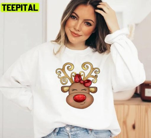 Animated Art Girl Reindeer With A Red Bow Unisex Sweatshirt