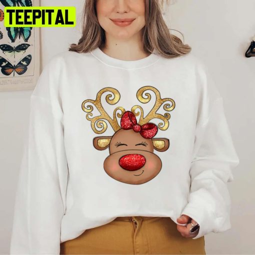 Animated Art Girl Reindeer With A Red Bow Unisex Sweatshirt