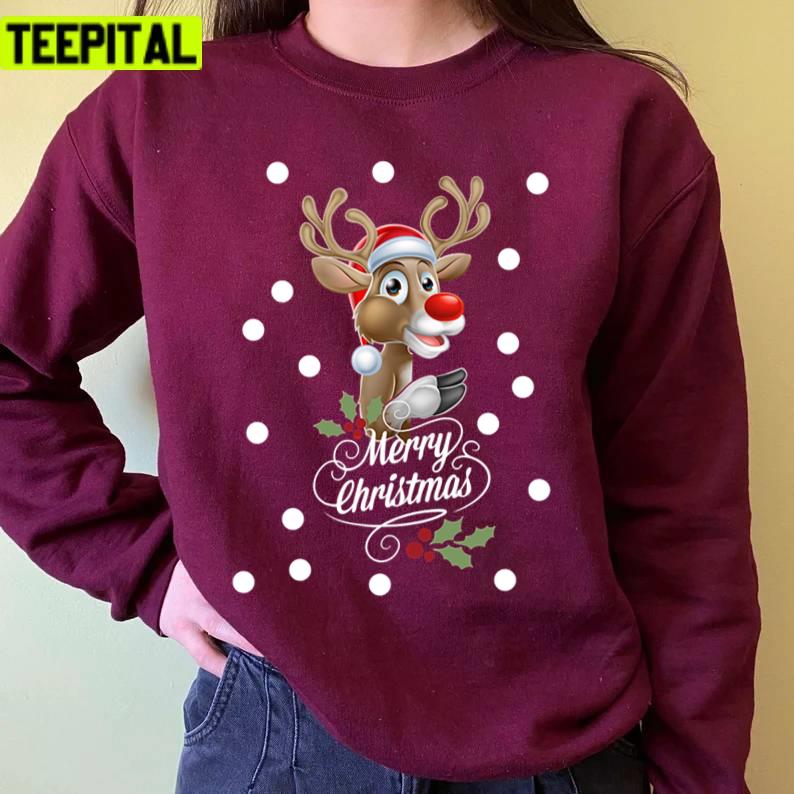 Animated Reindeer Merry Christmas Design Xmas Unisex Sweatshirt