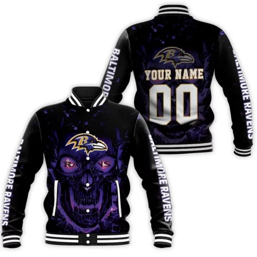 Baltimore Ravens Nfl Skull For Fan 3d Personalized Baseball Jacket