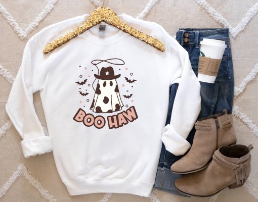 Boo Haw Howdy Funny Ghost Retro Western Vintage Country Cowgirl Fall Pumpkin Halloween Unisex Sweatshirt