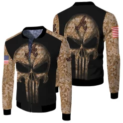 Camouflage Skull Atlanta Braves American Flag Fleece Bomber Jacket