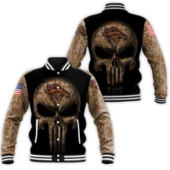 Camouflage Skull Denver Broncos American Flag Baseball Jacket