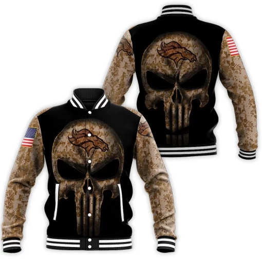 Camouflage Skull Denver Broncos American Flag Baseball Jacket