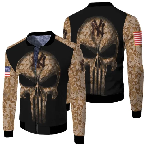 Camouflage Skull New York Yankees American Flag Fleece Bomber Jacket