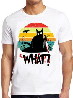 Cat What Murderous Black Cat Knife Moon Halloween Unisex Men Women Gift Cool Cult Movie Music Fashion Top Tee T-Shirt