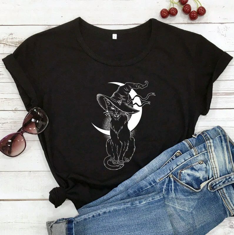 Celestial Moon Cat Witch Halloween Graphic Tee Shirt