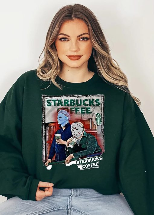 Characters Jason Voorhees And Michael Jason Starbucks Starbucks Coffee Pumpkin Halloween Unisex Sweatshirt