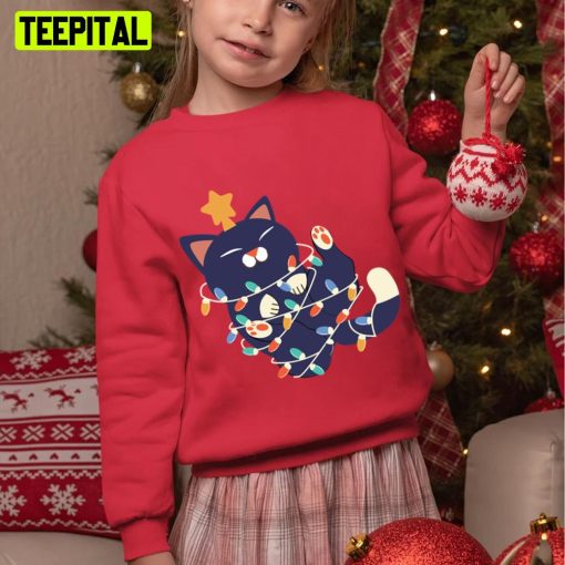 Christmas Kitty Wraped In Christmas Light Unisex Sweatshirt