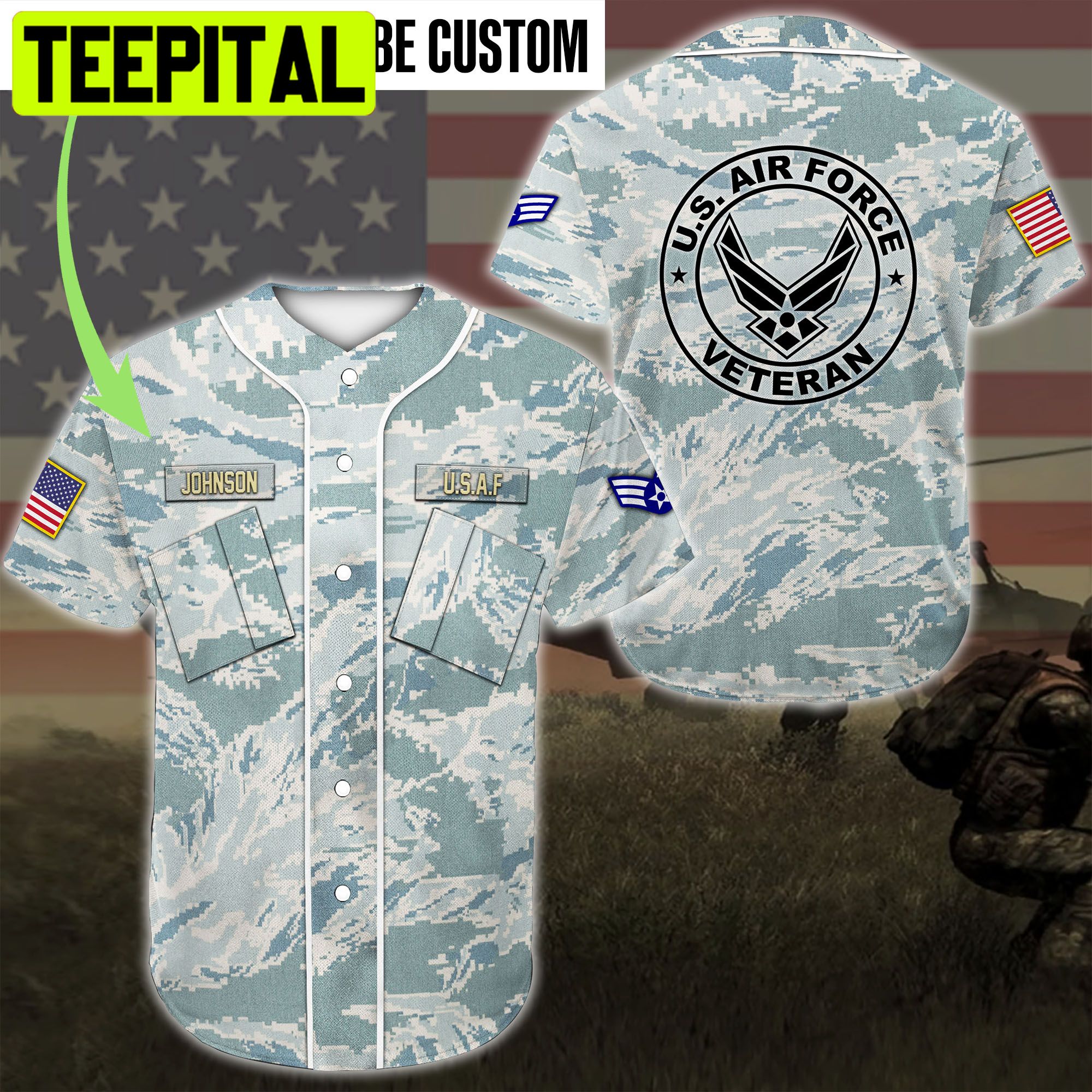 Custom Blue Camo America Baseball Jersey