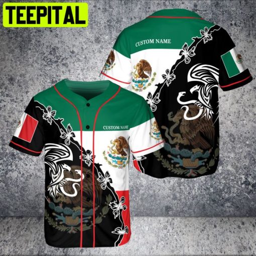 Custom Name Mexico National Emblem Eagle Holding Snake Flag AOP Baseball Jersey