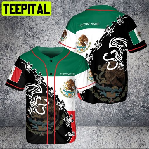 Custom Name Mexico National Emblem Eagle Holding Snake Flag AOP Baseball Jersey