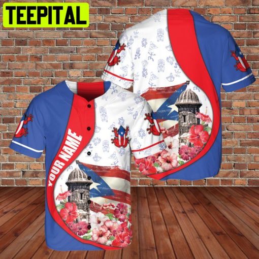 Custom Name Puerto Rico Flag Flog and Floral Tiki Hawaii Lover 3D BaseBall Jersey