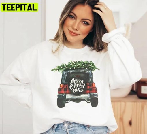 Cute Christmas Jeep Picking Up The Pine Tree Unisex Sweatshirt