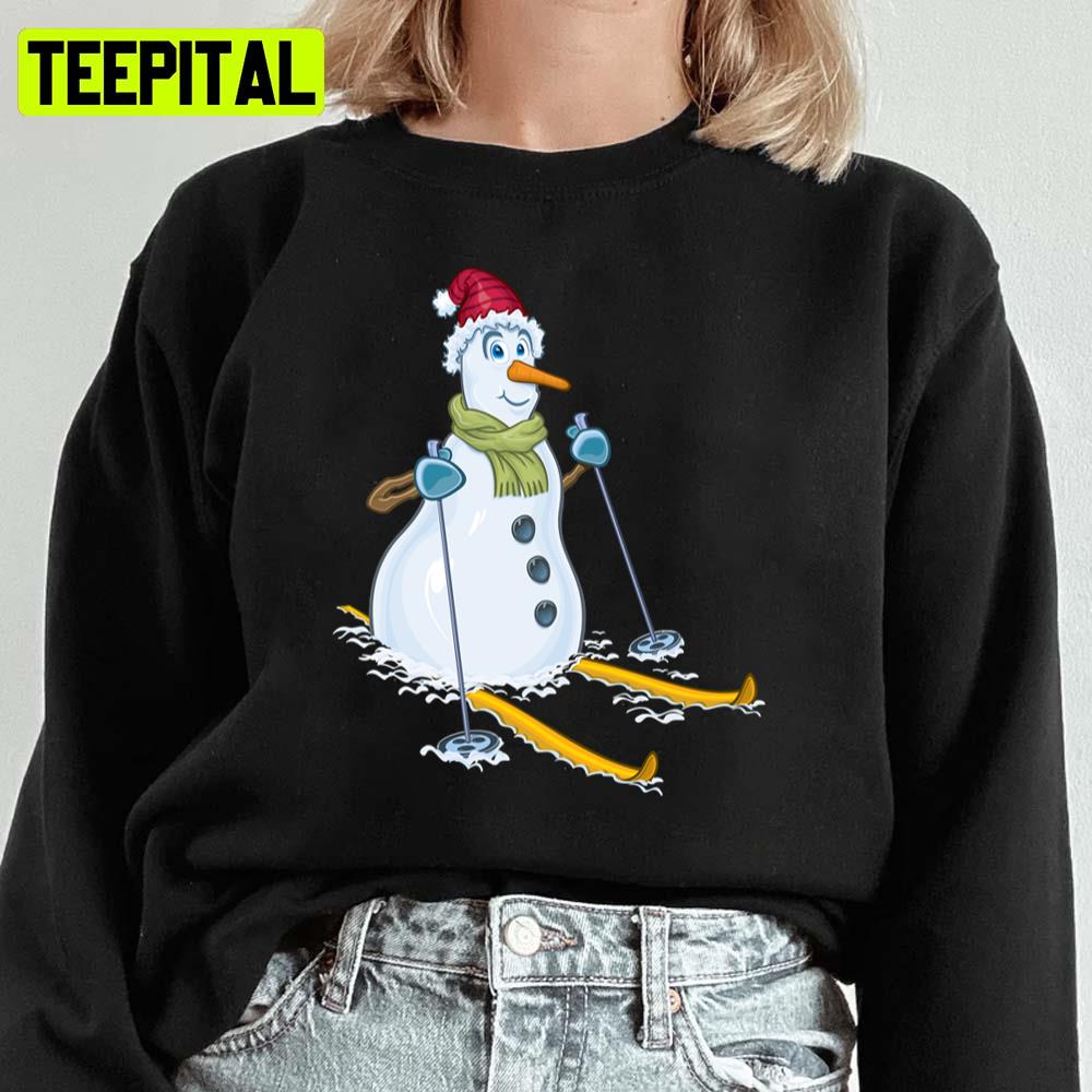 Cute Snowman Joyfully Greets Winter On Skis Unisex Sweatshirt