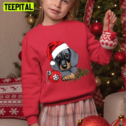 Dachshund Wearing Santa Claus Hat Waiting For Christmas Unisex Sweatshirt