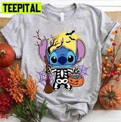 Disney Stitch Skeleton Pumpkin Trick Or Treat HalloweenTrending Unisex Shirt