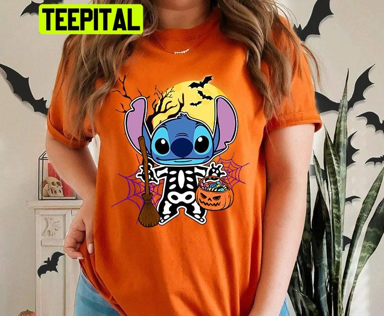 Disney Stitch Skeleton Pumpkin Trick Or Treat HalloweenTrending Unisex Shirt