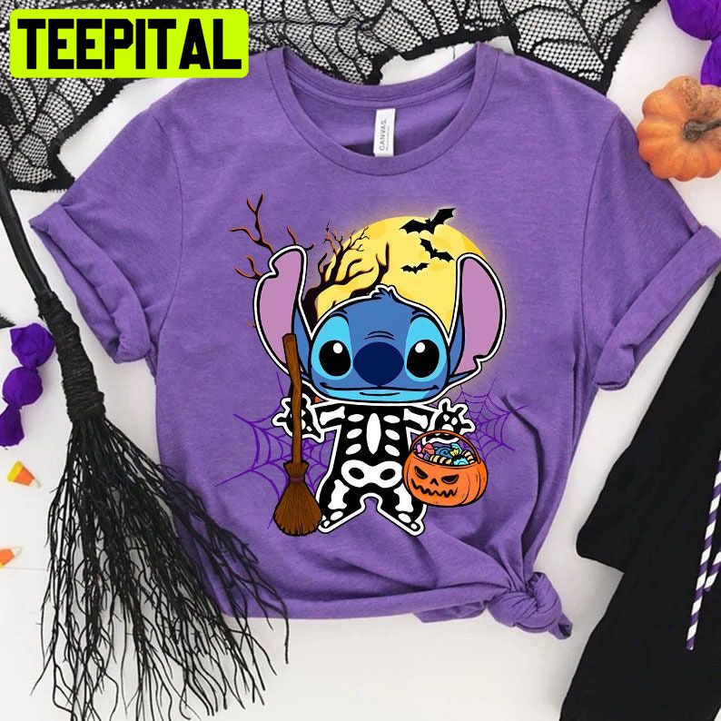 Disney Stitch Skeleton Pumpkin Trick Or Treat HalloweenTrending Unisex Shirt