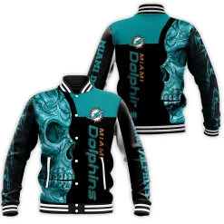 Dolphins Nfl Skull 3d Printed Baseball Jacket