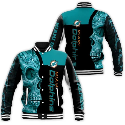 Dolphins Nfl Skull 3d Printed Baseball Jacket