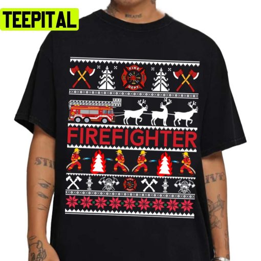 Firefighter Christmas Red Knit Pattern Ugly Unisex Sweatshirt